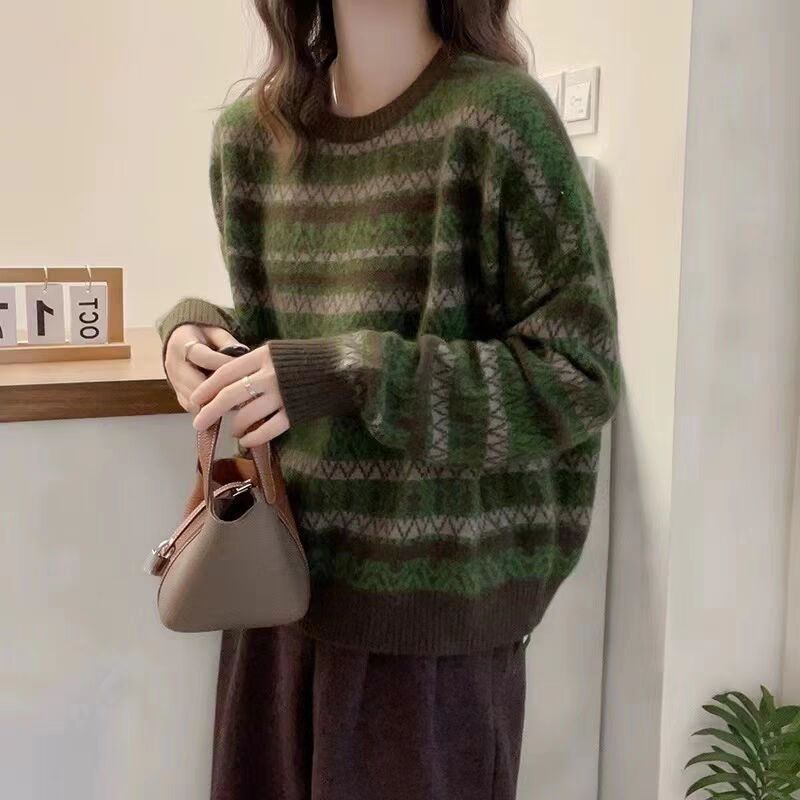 復古圓領條紋針織毛衣
