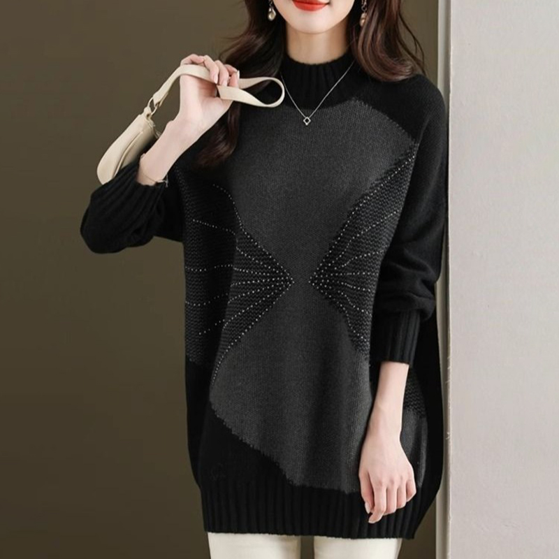 時尚拼色半高領中長針織毛衣