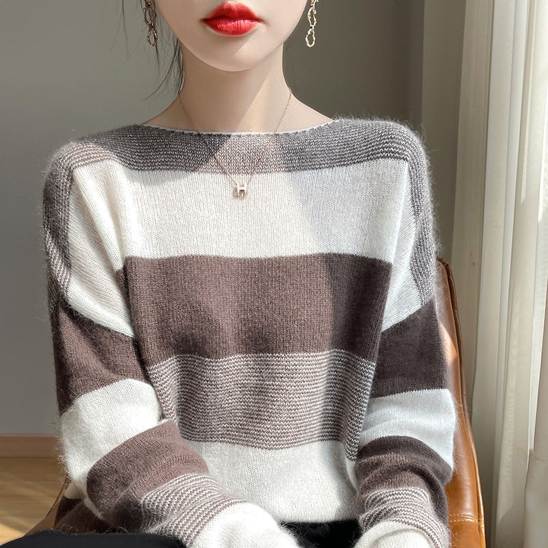 慵懶一字領條紋拼色針織毛衣