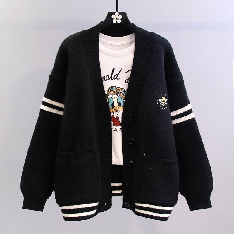 寬鬆V領刺繡小蜜蜂針織開襟衫(3色)