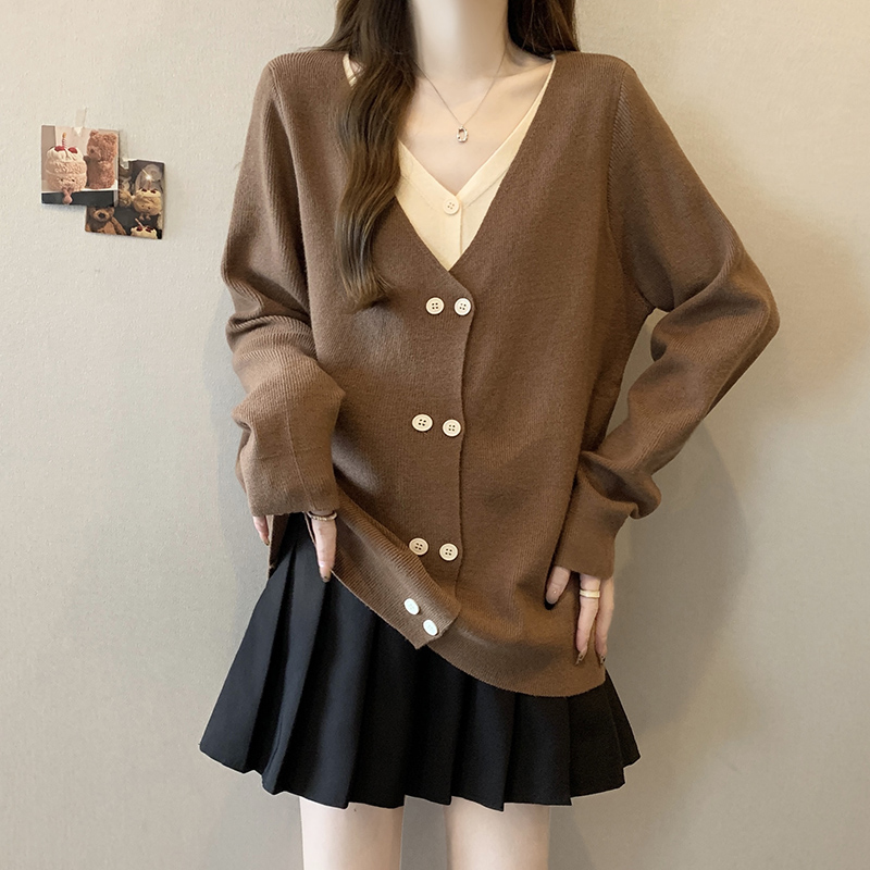 V領撞色假兩件雙排扣針織衫(2色)