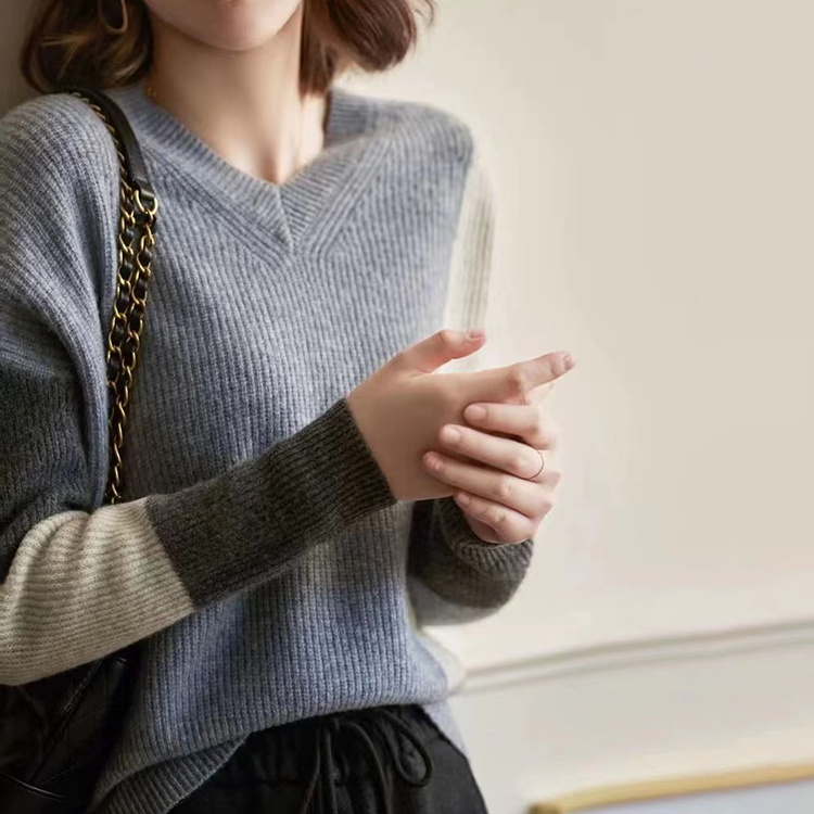 復古慵懶風拼色針織毛衣(2色)