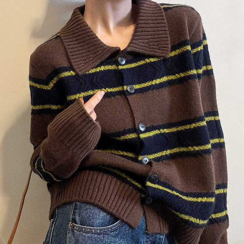 百搭撞色條紋翻領針織開襟衫(3色)