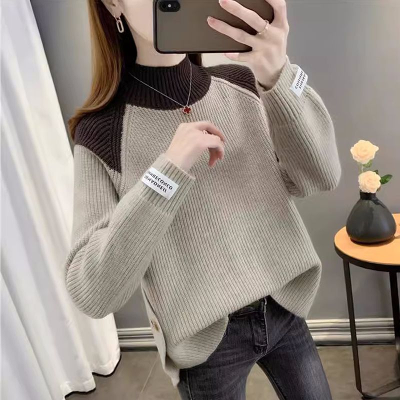 拼色半高領長袖針織毛衣(6色)