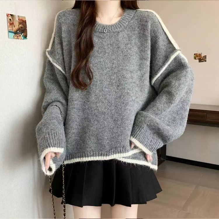 慵懶撞色圓領長袖針織毛衣(2色)