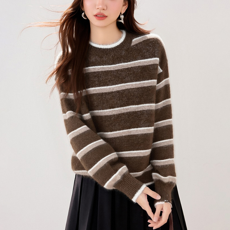 復古撞色條紋圓領長袖毛衣