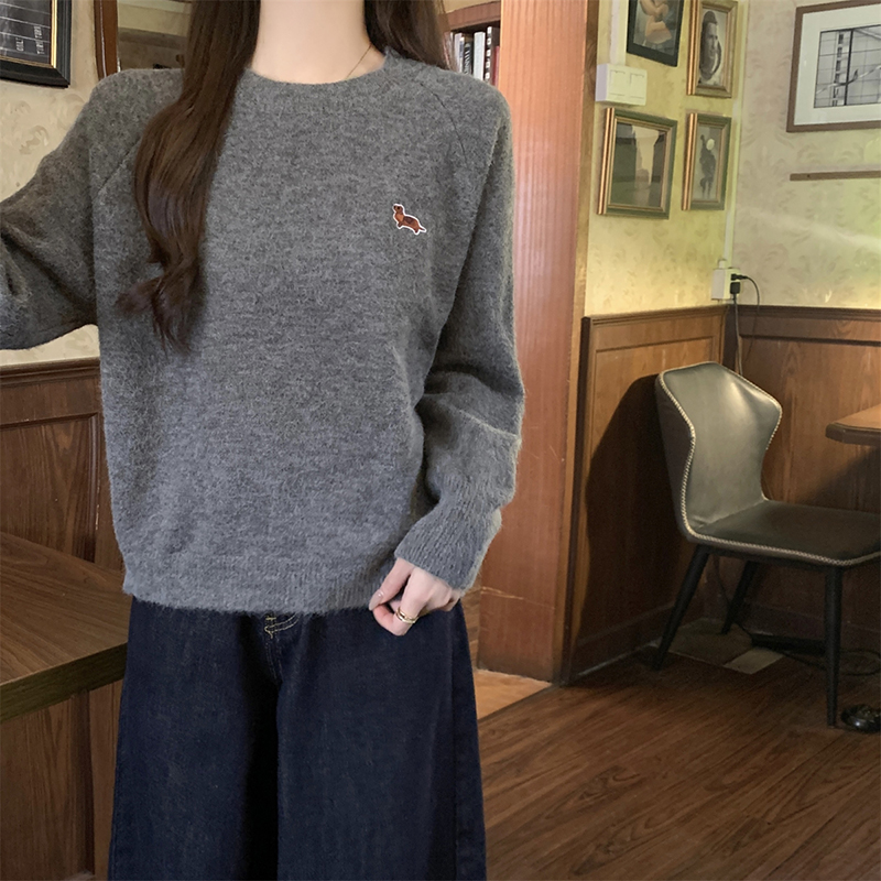 韓系慵懶圓領刺繡針織毛衣(4色)