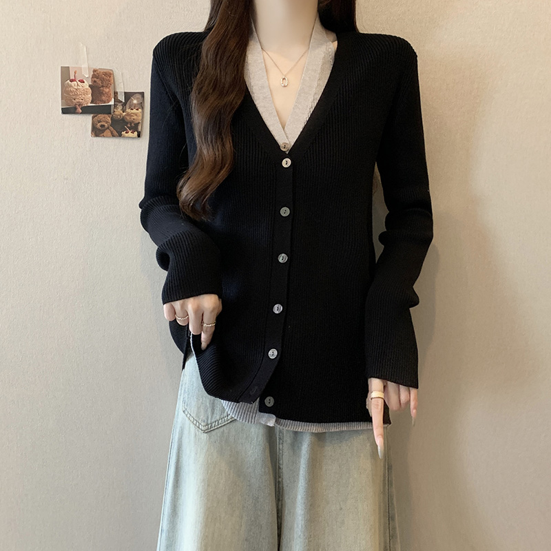 V領假兩件針織開襟衫