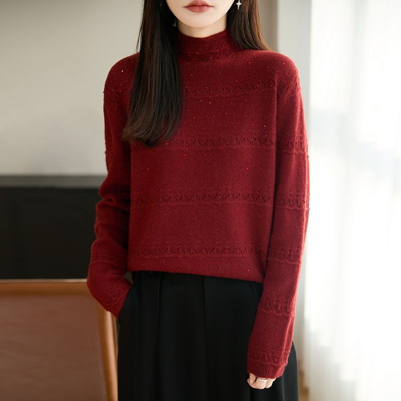 寬鬆半高領鉤花鏤空燙鑽針織毛衣(5色)