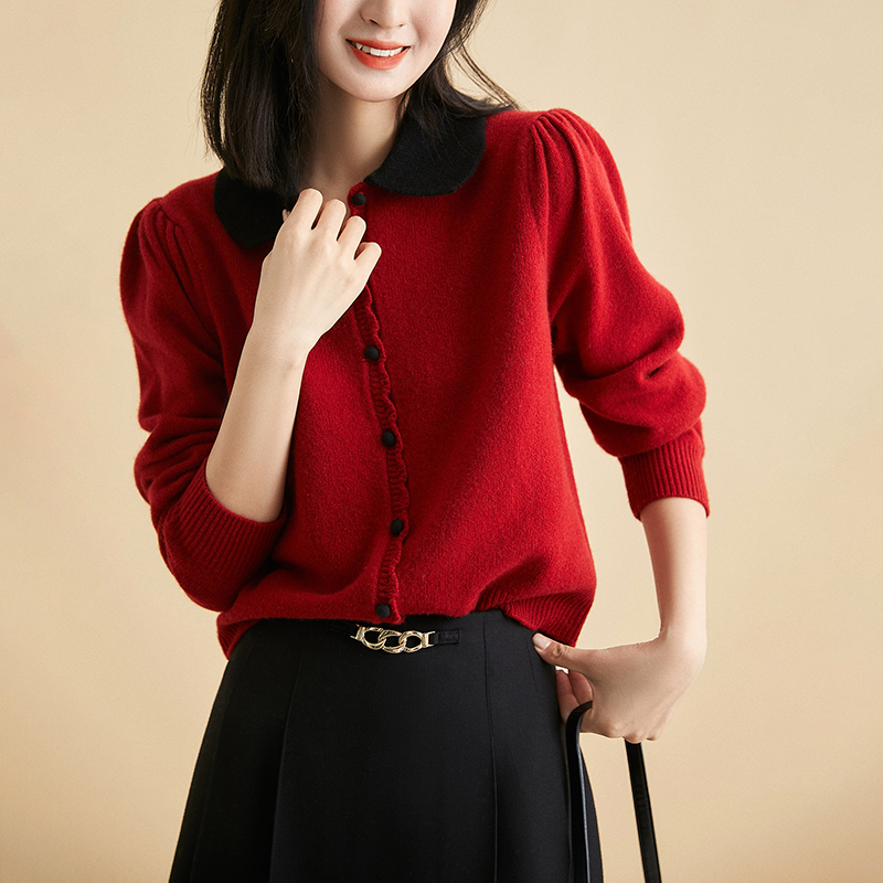 復古柔軟翻領長袖針織開襟衫(3色)