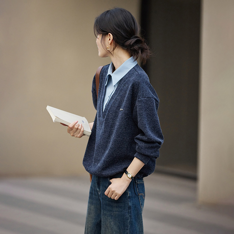 休閒正肩假兩件撞色拼接衛衣