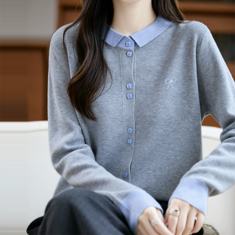蝴蝶結刺繡POLO領撞色針織開襟衫(4色)