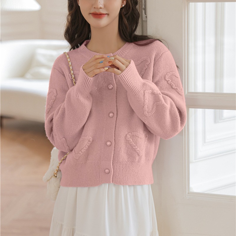 甜美圓領簡約立體愛心針織開襟衫(6色)