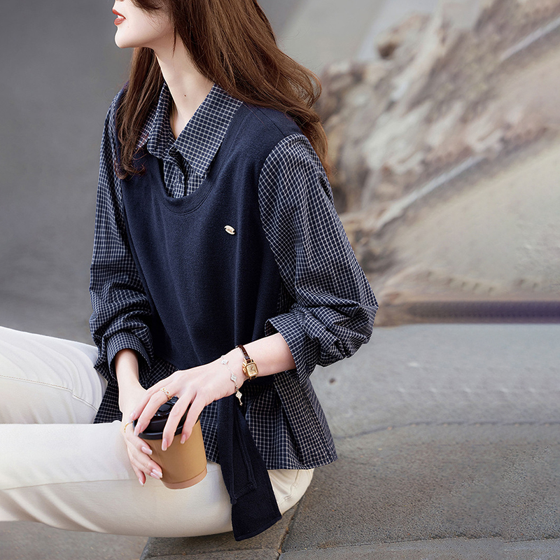 百搭格子假兩件長袖襯衫