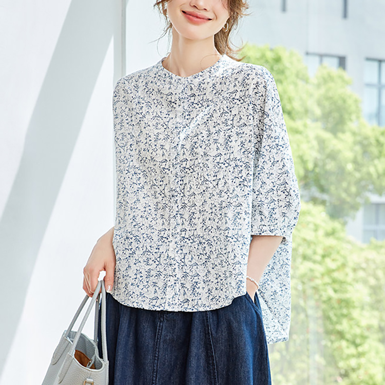法式碎花純棉七分袖襯衫