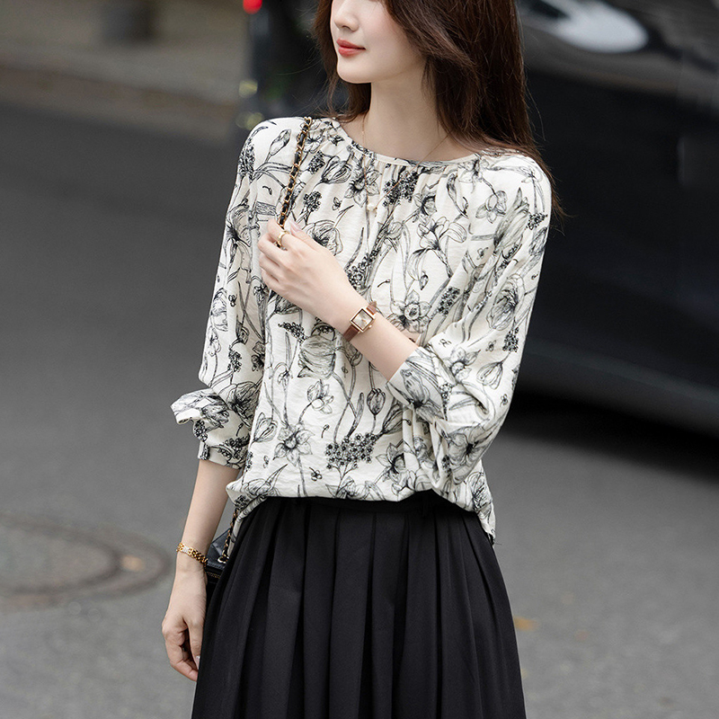 復古設計感斜領羈絆印花襯衫