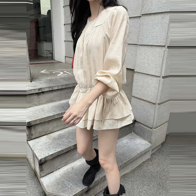 韓系圓領抽繩收腰連身裙(2色)