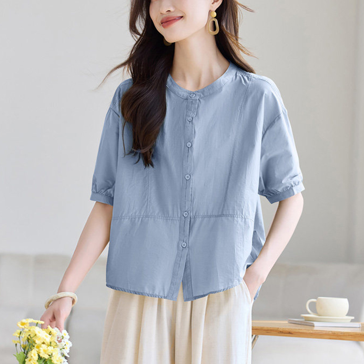 法式立領休閒短袖襯衫(2色)