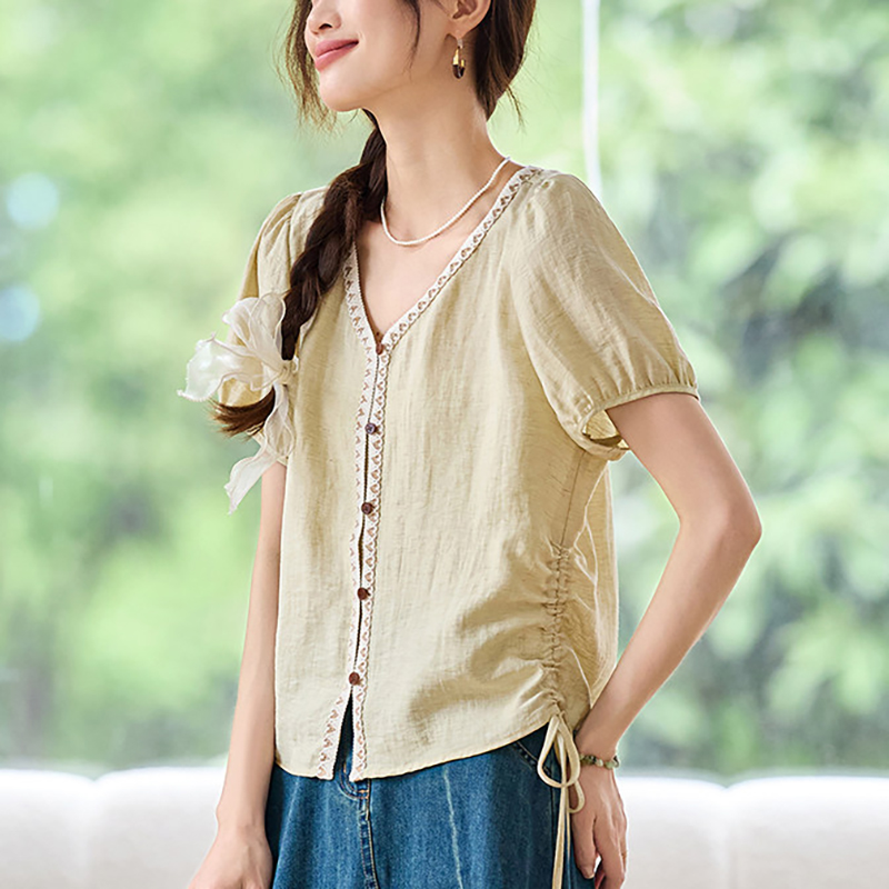 簡約V領抽繩短袖T恤(2色)