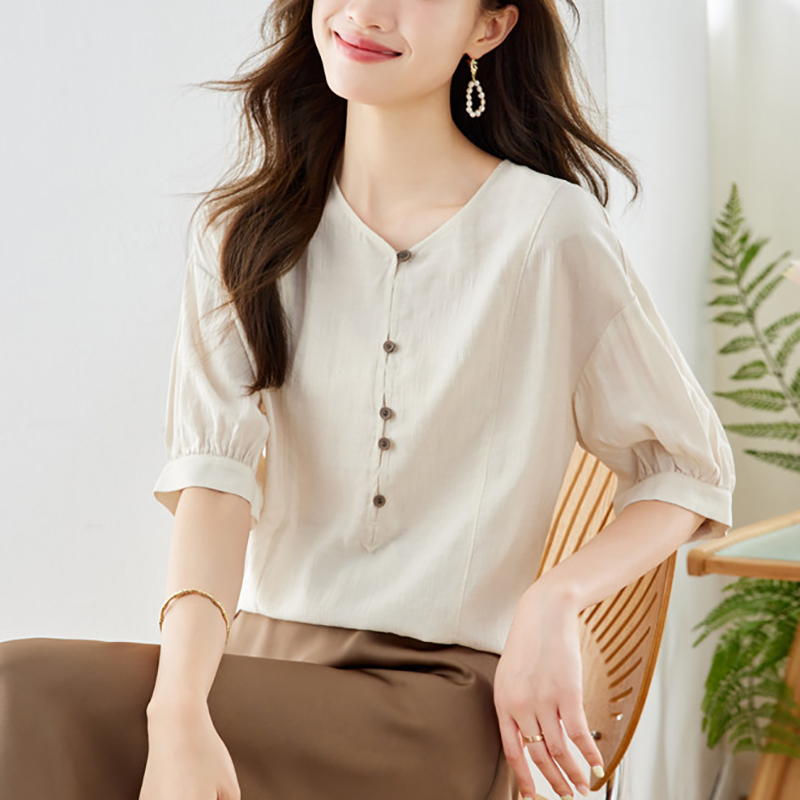 優雅V領短袖襯衫