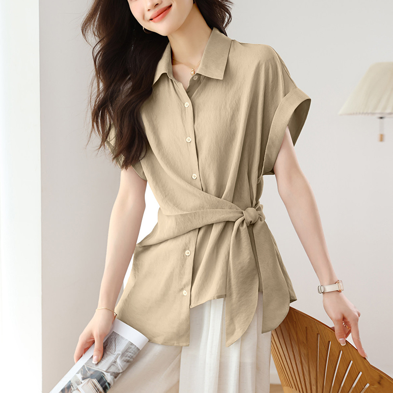 新款收腰不規則短袖襯衫(2色)