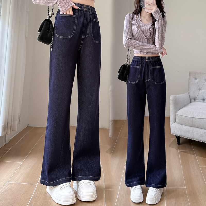 新款鬆緊高腰微喇彈性牛仔褲