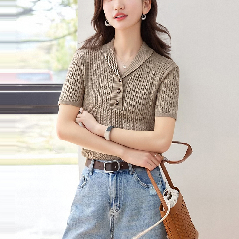 韓系麻花修身短袖針織衫