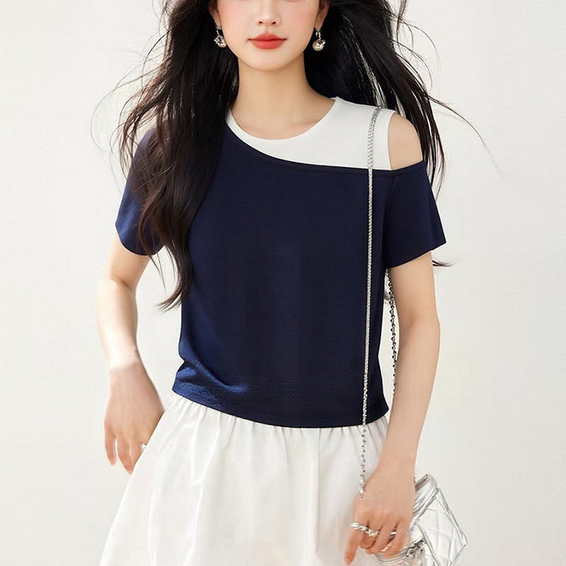 優雅撞色露肩短袖T恤(2色)