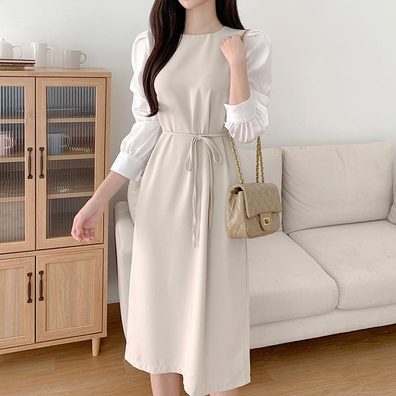 法式圓領撞色長袖连身裙