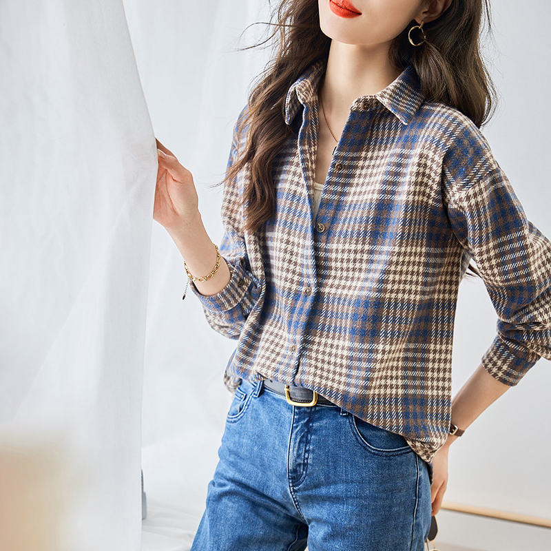 復古磨毛撞色格紋寬鬆翻領襯衫