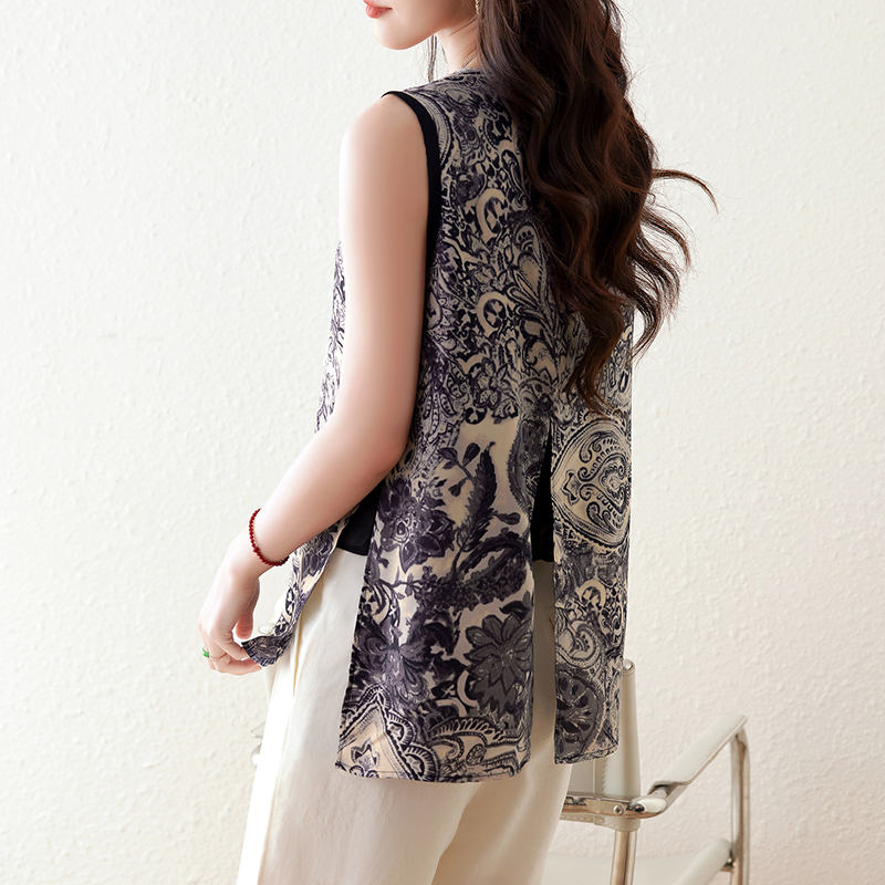 青花瓷紋印花開叉無袖小衫