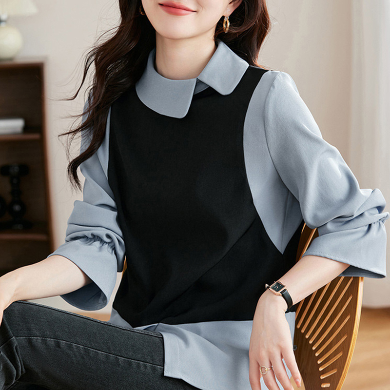 撞色娃娃領喇叭袖拼接假兩件襯衫