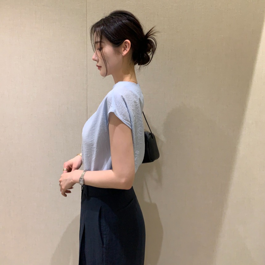 韓系CHIC簡約斜領純色短袖衫(2色)