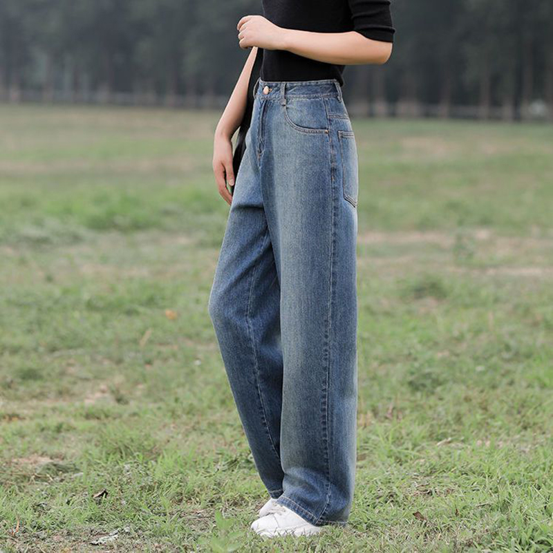 寬鬆百搭拖地垂感直筒闊腳水洗牛仔褲