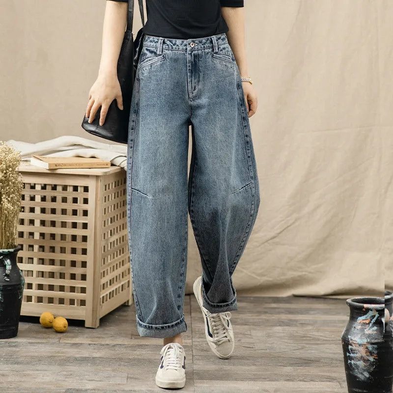 BF風格寬鬆直筒高腰闊腿蘿蔔牛仔褲