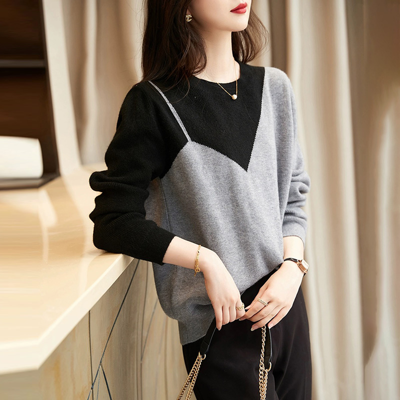 寬鬆百搭拼接撞色圓領針織衫