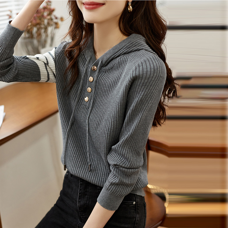 時尚袖口撞色復古連帽針織衫