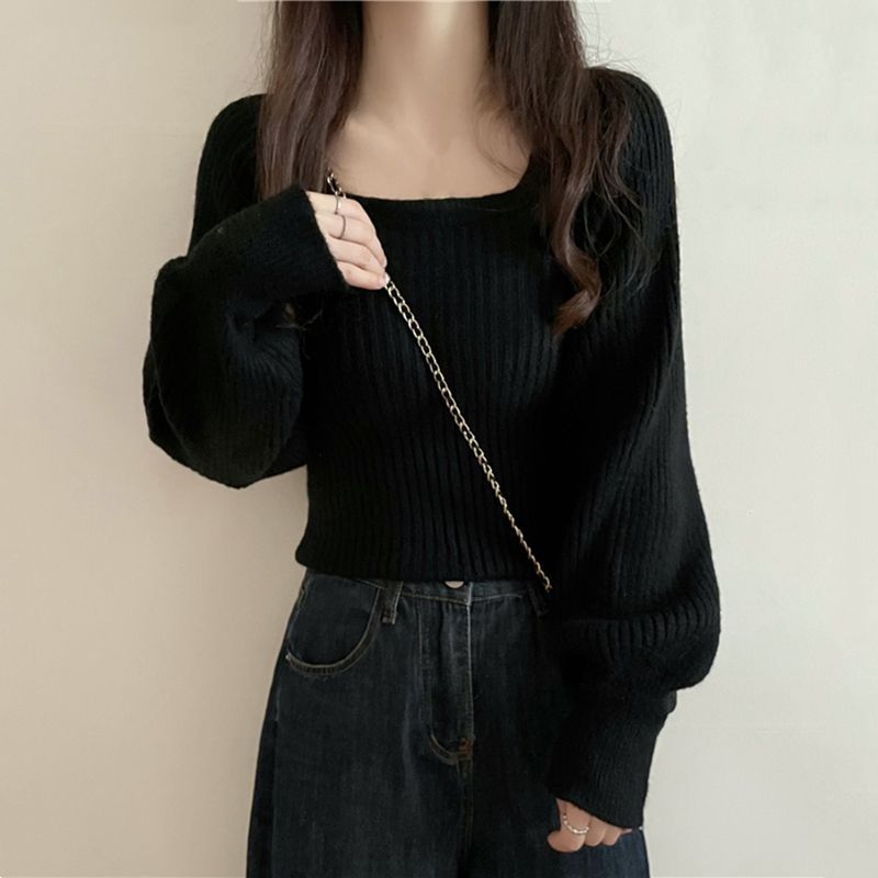 休閒寬鬆百搭方領軟糯燈籠袖針織衫(3色)