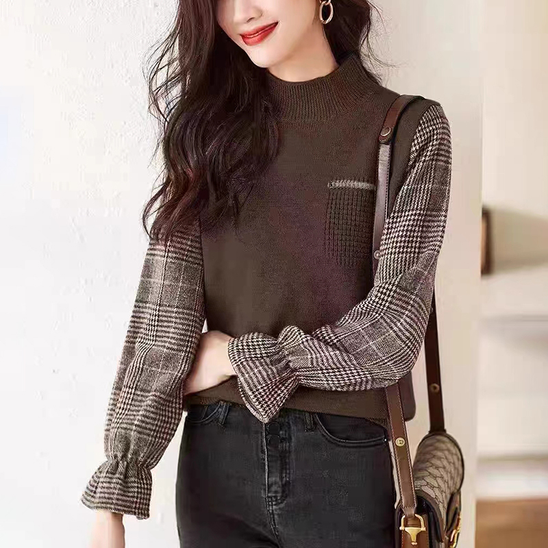 簡約百搭復古英倫風拼色格紋喇叭袖針織衫(3色)