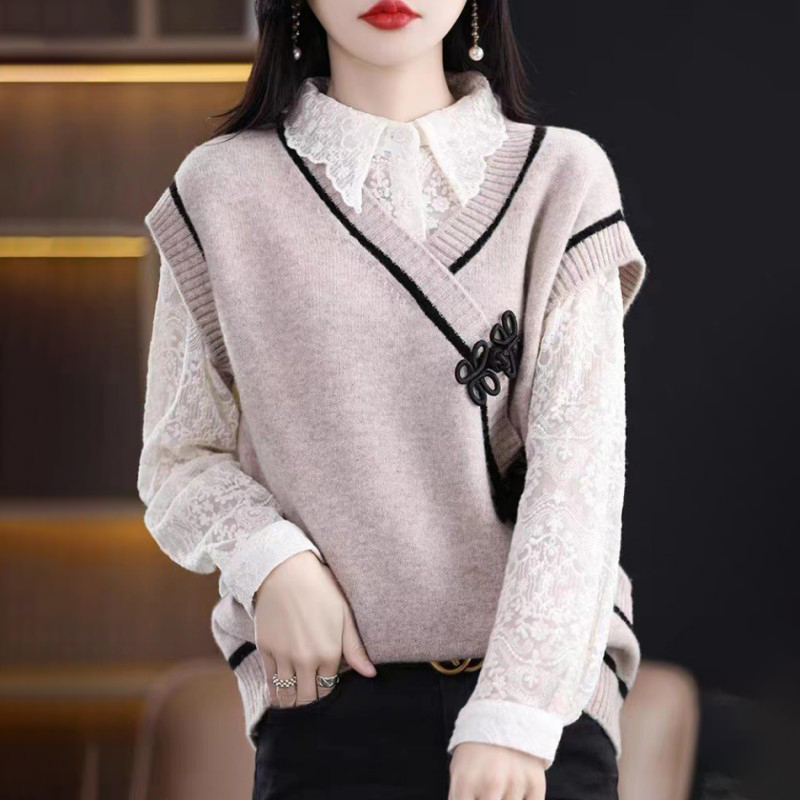 復古設計感盤扣v領寬鬆無袖馬甲針織(3色)