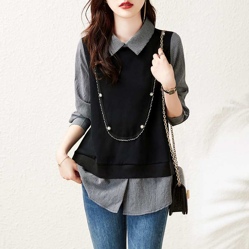 寬鬆撞色條紋假兩件針織拼接衛衣