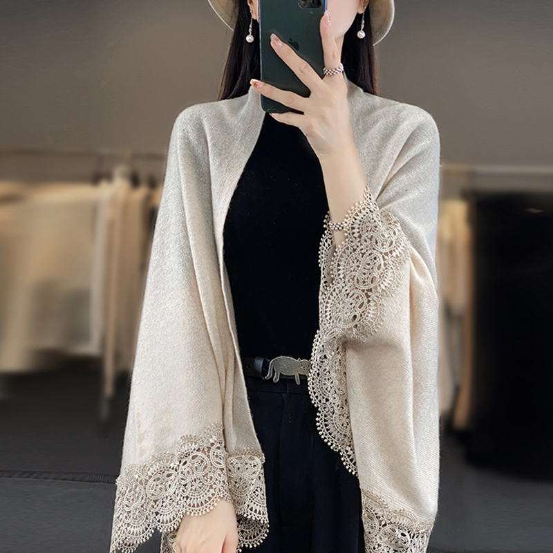 寬鬆中長純色蕾絲邊外搭披肩(4色)