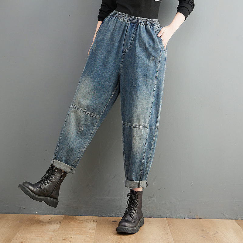 復古寬鬆洗水磨白高腰九分牛仔褲