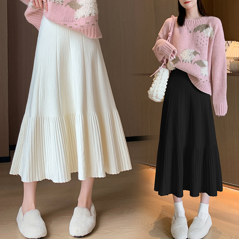 高腰修身顯瘦中長百褶裙針織半身裙(2色)