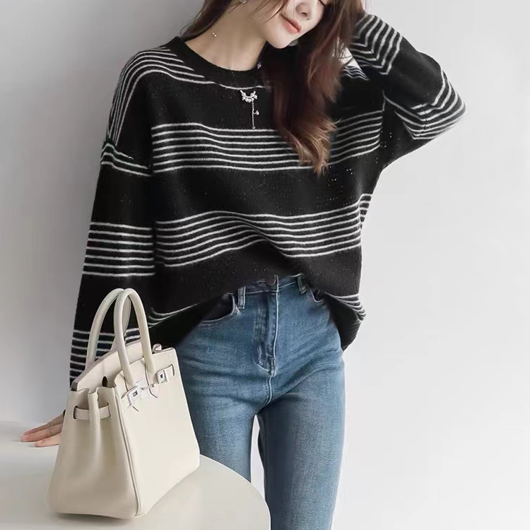慵懶百搭寬鬆條紋拼色圓領針織衫(3色)