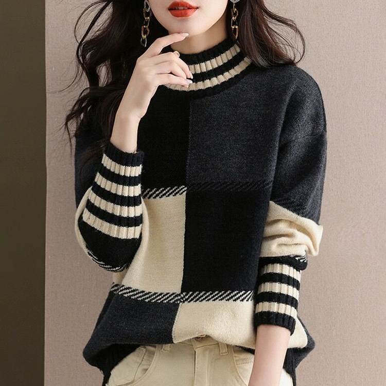韓系慵懶風寬鬆軟糯拼色針織衫(2色)
