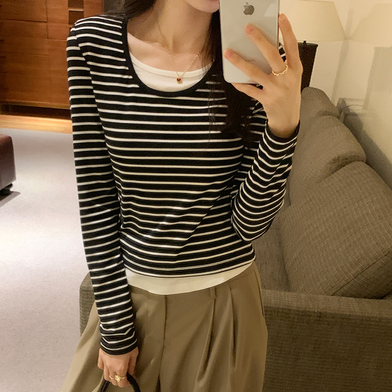 簡約時尚假兩件條紋撞色T恤(4色)