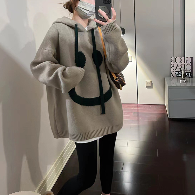 慵懶風休閒百搭軟糯笑臉連帽毛衣(2色)