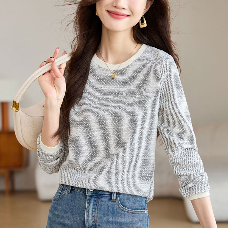 撞色小香風直筒寬鬆針織長袖T恤