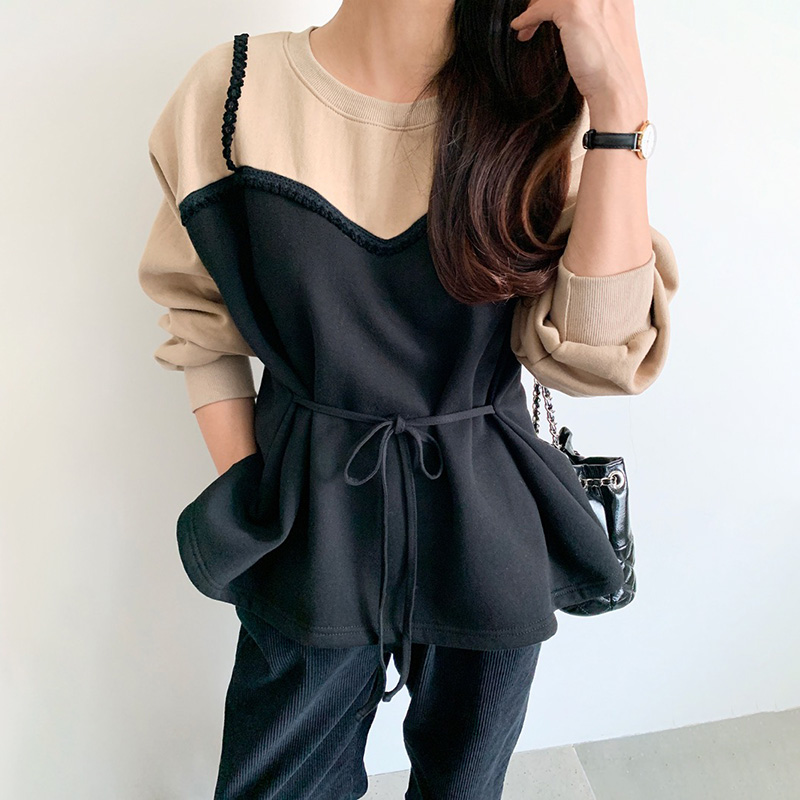 韓系復古拼色假兩件衛衣(2色)